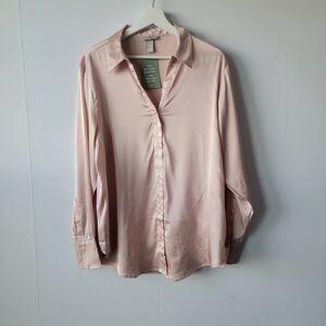 H&M women's V-neck blouse size L light pink Silky Satin Classic long sleeve